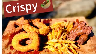 Frying Garlic Fat Cake  Sausage  Fries Chips In South African Wilderness [upl. by Nnairret876]