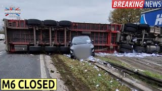 M6 crash Overturned lorry hits central reservation closing major route [upl. by Palladin986]