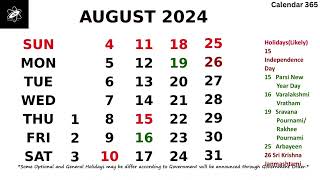 August 2024 Calendar with Holidays  India 📅 Calendar 365 📅 [upl. by Tigram387]