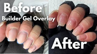 BUILDER GEL OVERLAY FILL ON SHORT NATURAL NAILS  Beginner Friendly  Skip the Acetone [upl. by Nawat994]