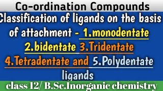 Classification of ligands on the basis of attachment  monodentate bidentate Tridentate tetradentate [upl. by Sivel]