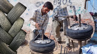 How Tires are Changed using Old Techniques  The Most Amazing Process of Retreading Old Tyre [upl. by Nihcas]