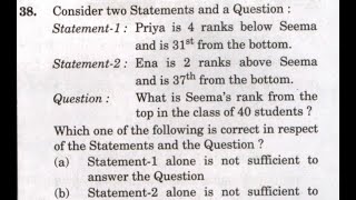 CSAT 2021 Solved Paper  Consider two StatementsStatement1Priya is 4 ranks below Seema and is 31st [upl. by Auqinom]