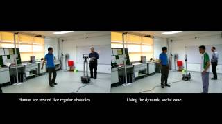 Real experiments Dynamic Social Zone based Mobile Robot Navigation for Human Comfortable Safety [upl. by Nairrod661]