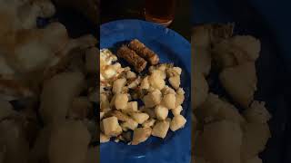 overeasy egg sausage taters amp tea low cost breakfast at home [upl. by Ahsatsana]