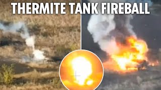 Dragon drone spews molten thermite on Russian tank in explosive Ukraine frontline combat [upl. by Weldon479]