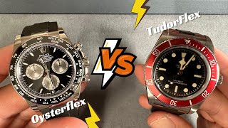 Rolex Oysterflex vs Tudor Rubber strap how different can they be Daytona against Black Bay Burgundy [upl. by Nylatsyrk61]