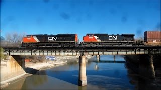 A Pair Of CN Intermodal Trains Over The Assiniboine River In Winnipeg Manitoba [upl. by Hauser828]