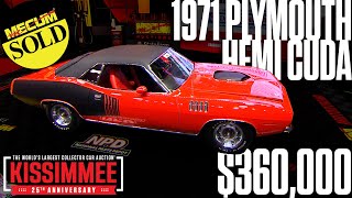 SOLD for 360000 1971 Plymouth Hemi Cuda  Mecum Kissimmee 2024 [upl. by Hayyifas]