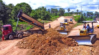 Best Action Dozer pushes the ground to clear the road with effort with a 255ton truck [upl. by Pytlik806]