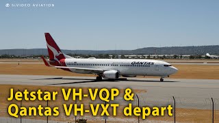 Jetstar Airways VHVQP and Qantas Airways VHVXT depart Perth Airport on RW03 [upl. by Treblih]