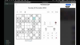 Washington Post Sudoku ✦ November 12 2024 ✦ Easy [upl. by Eppesuig737]