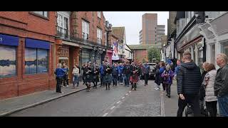 BAGPIPERS IPSWICH FANS MILITARY VETRENS WALKING TO PORTMAN ROAD IPSWICH [upl. by Retsevlis903]