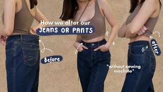 EASIEST WAY TO ALTER YOUR JEANS no sewing machine needed  Villamor Twins [upl. by Welker]