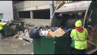 Waste Management Rear Load McNeilus Garbage Truck and Crew Moving and Dumping Several Dumpsters [upl. by Gareri]