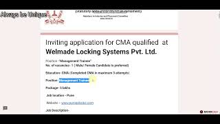 Inviting application for CMA qualified at Welmade Locking Systems Pvt Ltd [upl. by Croner781]