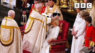 Moment Queen Camilla is crowned at Coronation ceremony in Westminster Abbey  BBC [upl. by Tronna]