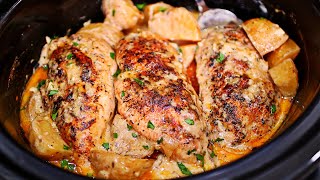 Easy Slow Cooker Creamy Garlic Butter Chicken and Potatoes Recipe [upl. by Ollopa]