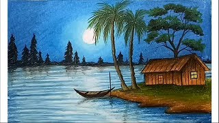 How to paint a scenery of moonlit night with oil pastels step by step [upl. by Radmilla]