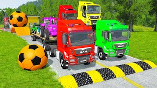 Double Flatbed Trailer Truck vs Speedbumps Train vs Cars  Tractor vs Train BeamngDrive 035 [upl. by Attej]