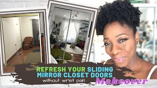 How to paint sliding mirror closet door without wrist painSliding mirror closet door makeover [upl. by Aritak]