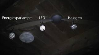 Helligkeitsvergleich von drei GU10 Lampen Halogen LED und Energiesparlampe [upl. by Lorelei635]