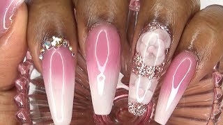 Acrylic Nails Tutorial  How To Encapsuated Nails with Nail Tips  Rose Pink Ombre Acrylic Nails [upl. by Llerraf]