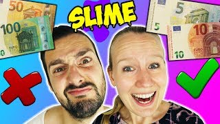 WÄHLE NICHT DEN FALSCHEN GELDSCHEIN SLIME CHALLENGE Mehr Geld  weniger Schleim Kaan VS Kathi [upl. by Donaghue328]