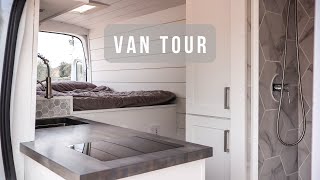 VAN TOUR  Luxury Modern Camper Van with full bathroom skylight amp partition wall  Stealth Vanlife [upl. by Enimassej215]