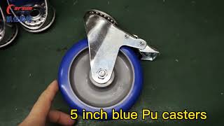 Hollow rivet type medium industrial caster 5 inch blue PU caster with brake [upl. by Arahk206]