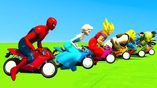 LEARN COLORS CARTOON Motorcycles for Kids with Big Jump in Superheroes Children Nursery Rhyme [upl. by Zoilla]