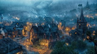 Medieval City Night Ambience  Relaxing Heavy Rain amp Thunderstorm Sounds Blacksmiths White Noise [upl. by Eillit]