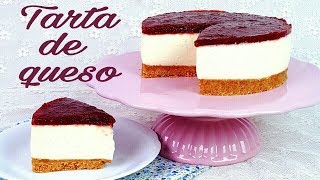 Tarta de queso con mermelada de fresa  Postre sin horno  Mi tarta preferida [upl. by Bazar639]