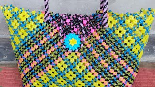 how to make plastic bag of 4 colour 💛💓🖤💙beautiful design 🌼 [upl. by Ecinrahs815]