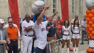 Lets ride Astros SS Jeremy Pena at downtown playoffs rally [upl. by Holihs]