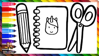 Zeichnen und Ausmalen eines Buches eines Bleistifts und einer Schere ✏️📔🦄✂️🌈 Zeichnungen für Kinder [upl. by Bonnibelle391]