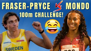 ShellyAnn FraserPryce VS Armand quotMondoquot Duplantis Challenges in 100m Race Brussels 2022 Interview [upl. by Gelasius]