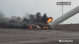 BREAKING Tornado Destroys Prescott Iowa Wind Turbines Fire Ensues [upl. by Christoph]