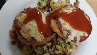 Nanny Ds chicken salami burgers on a garlic bacon potato bed [upl. by Anomas300]