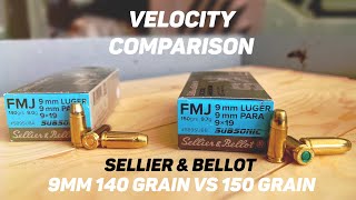 Velocity Test Comparison 140 grain vs 150 grain Sellier amp Bellot 9mm Luger FMJ Subsonic Ammo [upl. by Gerstein930]