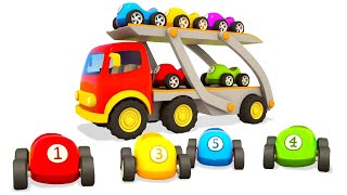 A car transporter for colored racing cars for kids Helper cars full episodes cartoons for kids [upl. by Etnasa679]