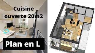 Plan cuisine en L ouverte sur salon 20m2 [upl. by Lavena25]