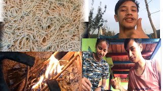 Chow mein recipe cooking and eating in village kitchen [upl. by Snowman]