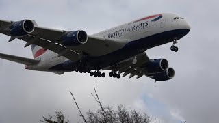 British Airways A380 2 G0AROUNDS Lands 3rd try Stormy winds at London Heathrow 13 March 2023 [upl. by Spracklen59]