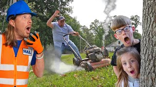 Handyman Hal helps friend with Lawn Care  Mowers and leaf blowers for kids [upl. by Fannie]