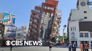 Videos show powerful Taiwan earthquake tipping buildings to side rattling homes [upl. by Renny]