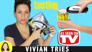 CAN OPENER THE WORLDS EASIEST HANDSFREE TOUCAN CAN OPENER REVIEW  TESTING AS SEEN ON TV PRODUCTS [upl. by Lali]