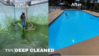 THIS HUGE POOL WAS CLOSED 🤮2 YEARS LETS CLEAN  Pressure washing  Restoration [upl. by Enalda]