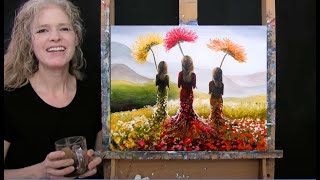 Learn How to Paint FANTASY FLOWER FIELD with Acrylic  Paint and Sip at Home  Step by Step Tutorial [upl. by Enelyak]