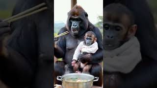 Orangutan holds baby orangutan and eats hot pot together [upl. by Eleda55]